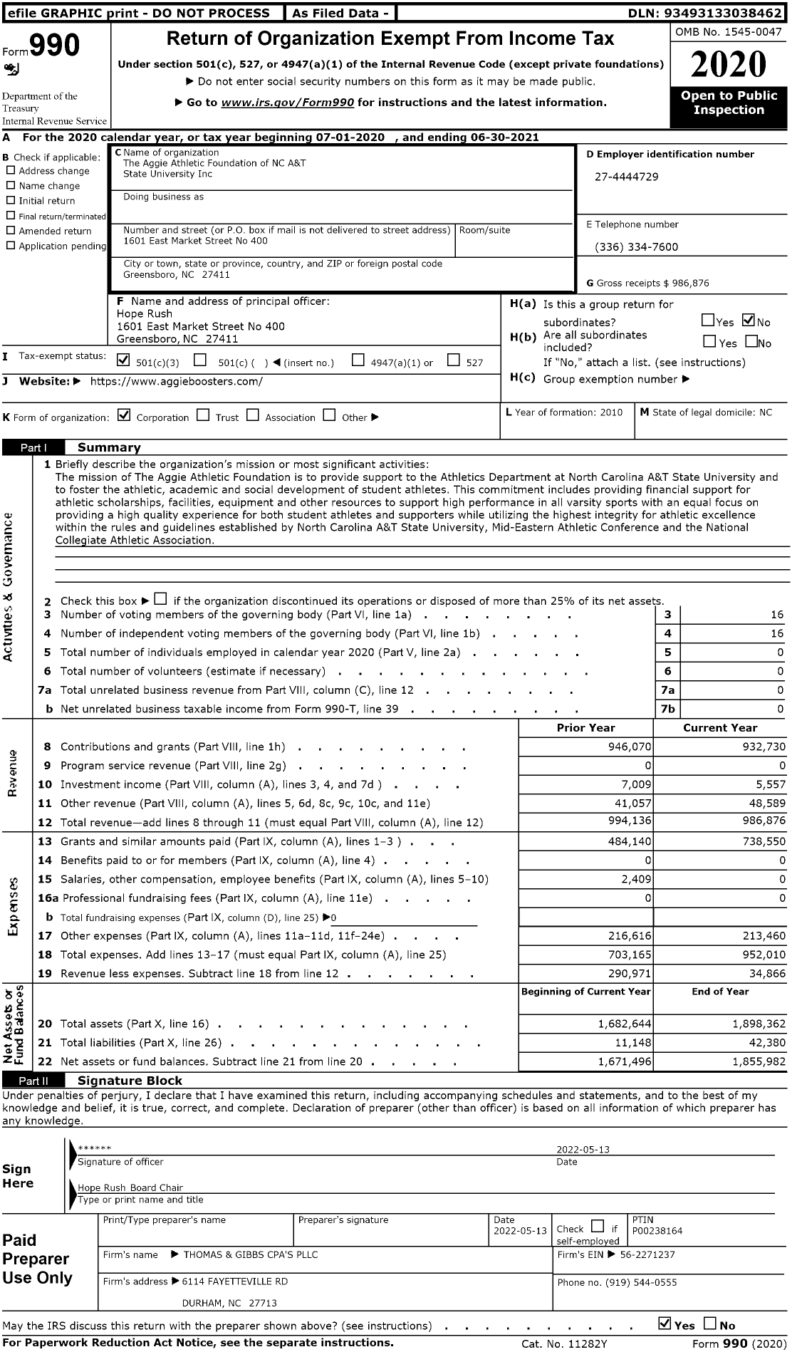 Image of first page of 2020 Form 990 for The Aggie Athletic Foundation of NC A&T State University