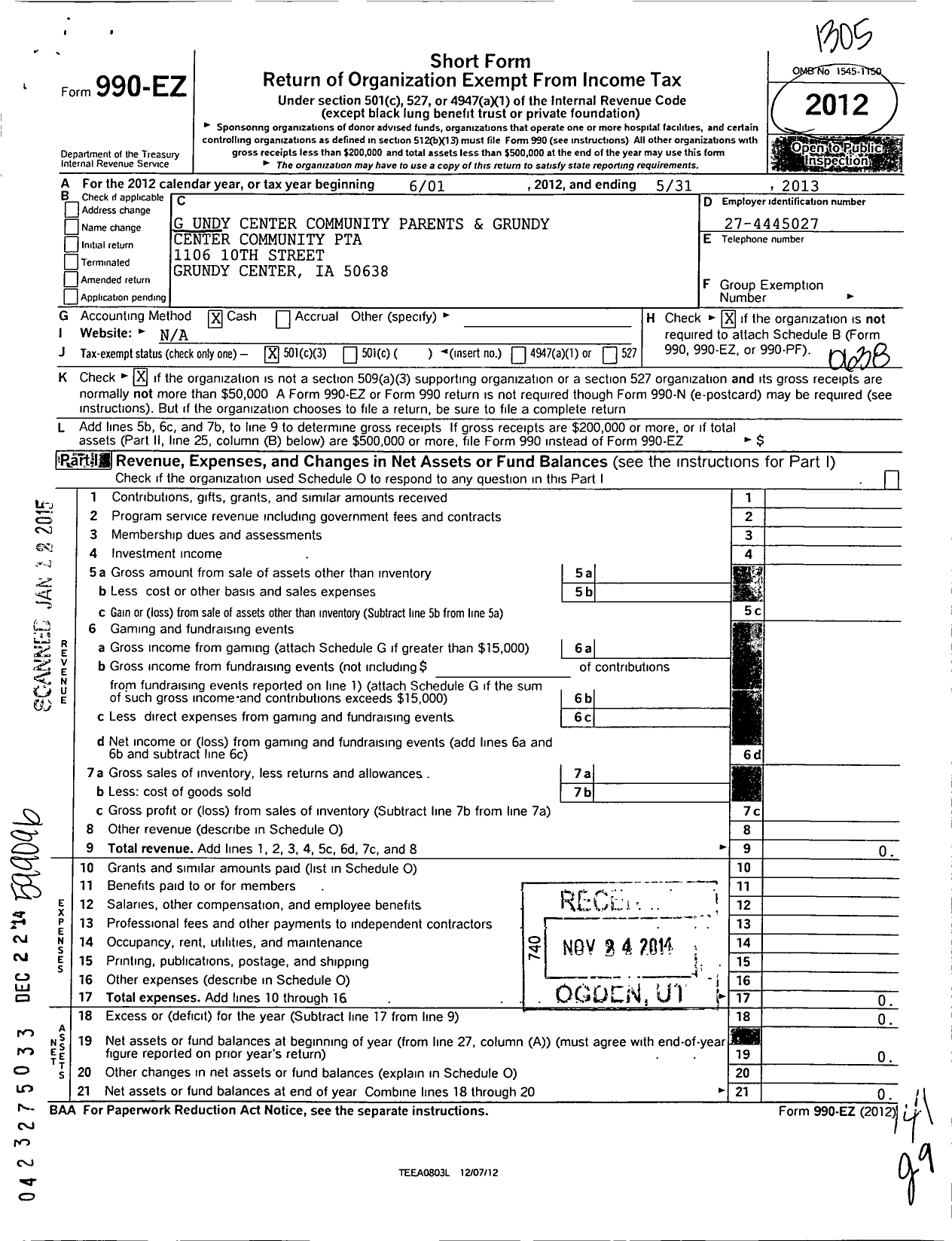 Image of first page of 2012 Form 990EZ for Gundy Center Community Parents and Teachers Association