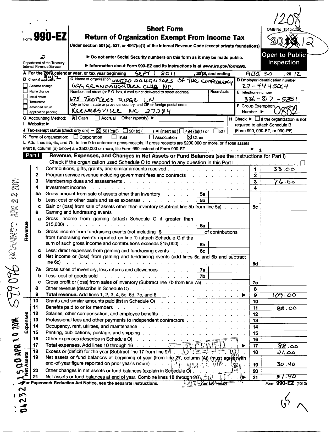 Image of first page of 2011 Form 990EZ for United Daughters of the Confederacy - Great Great Great Granddaughters NC