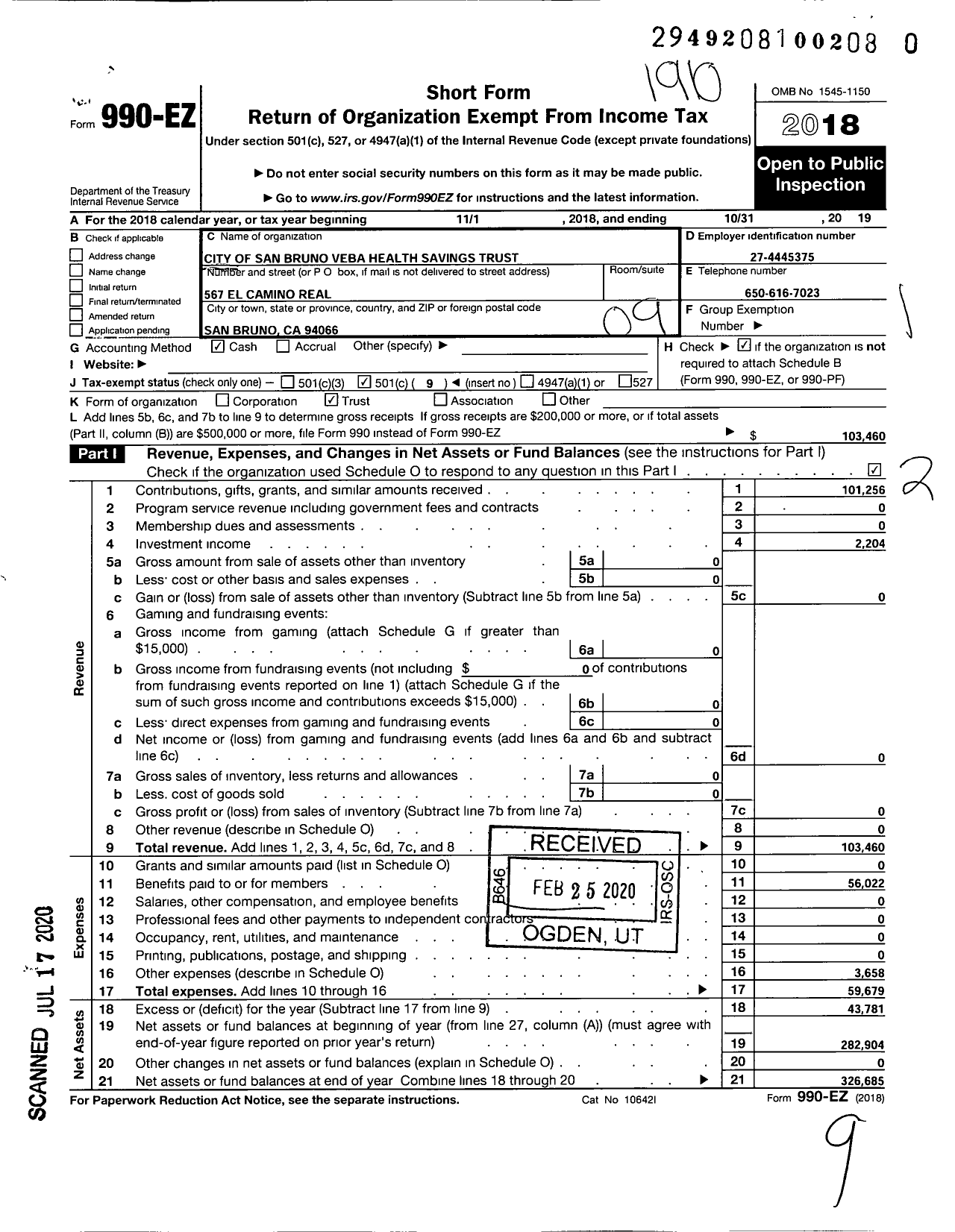 Image of first page of 2018 Form 990EO for City of San Bruno Veba Health Savings Trust