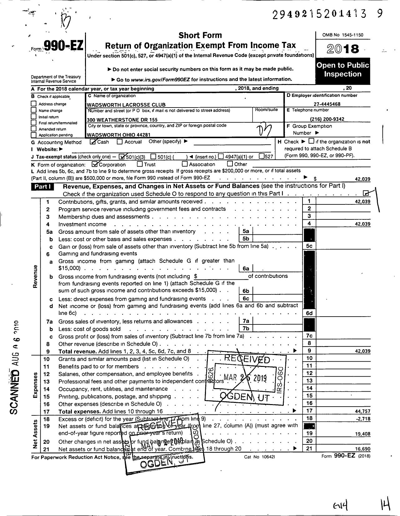 Image of first page of 2018 Form 990EZ for Wadsworth Lacrosse Club