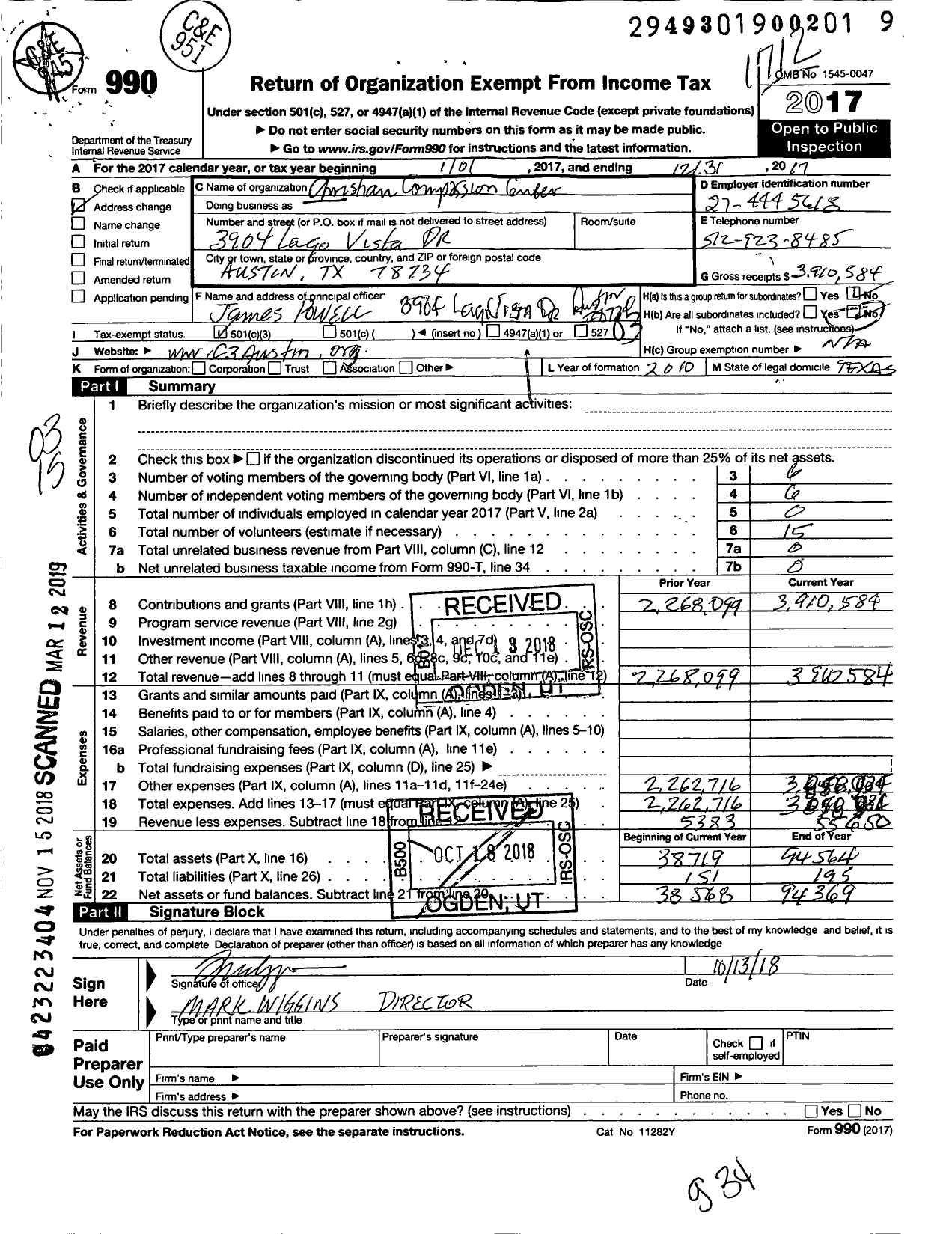 Image of first page of 2017 Form 990 for Christian Compassion Center / C3