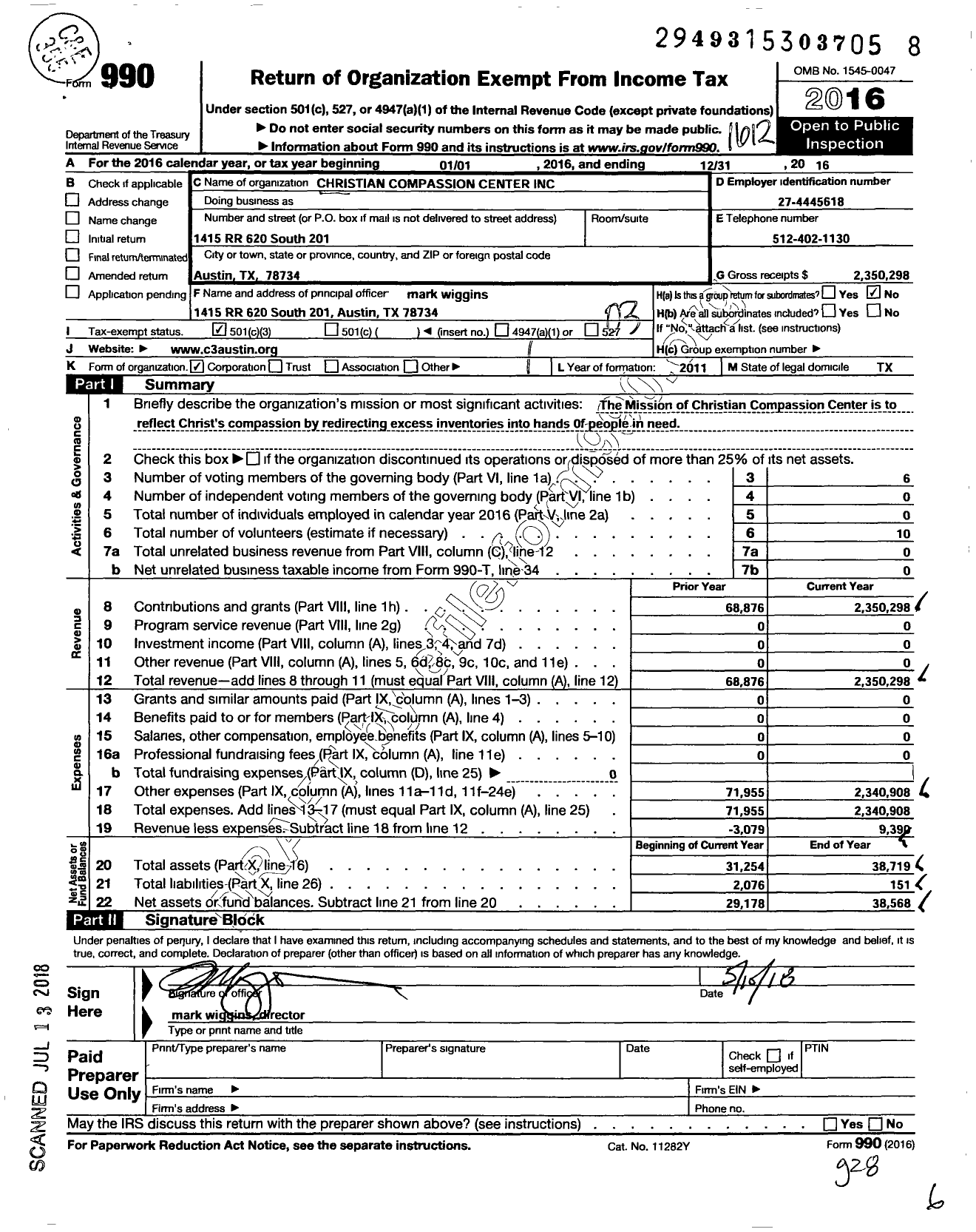 Image of first page of 2016 Form 990 for Christian Compassion Center / C3