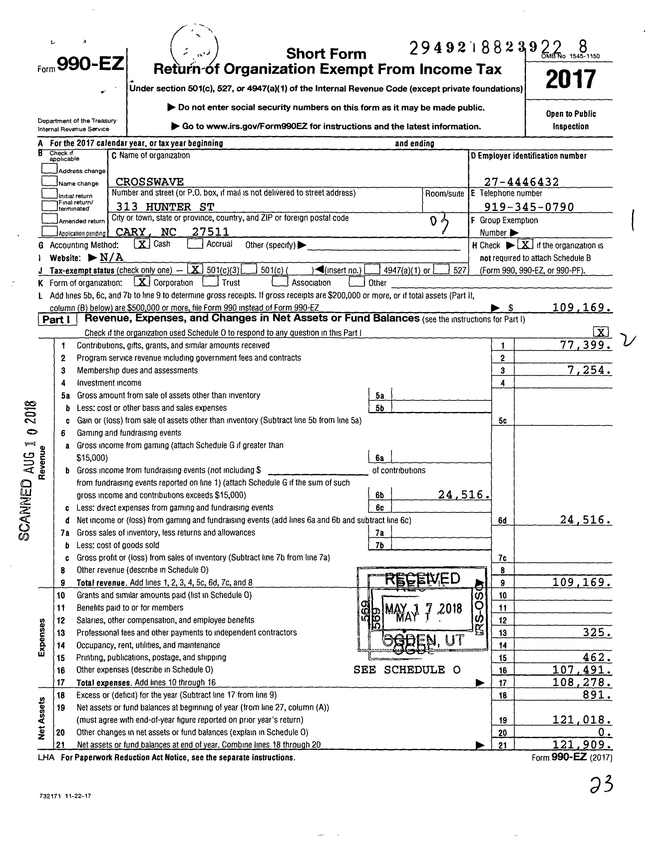 Image of first page of 2017 Form 990EZ for Crosswave