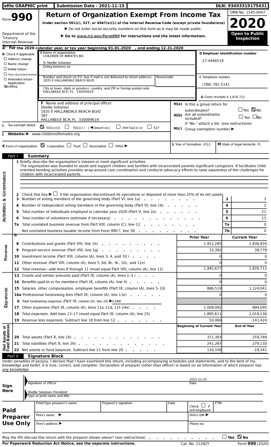 Image of first page of 2020 Form 990 for Children of Inmates