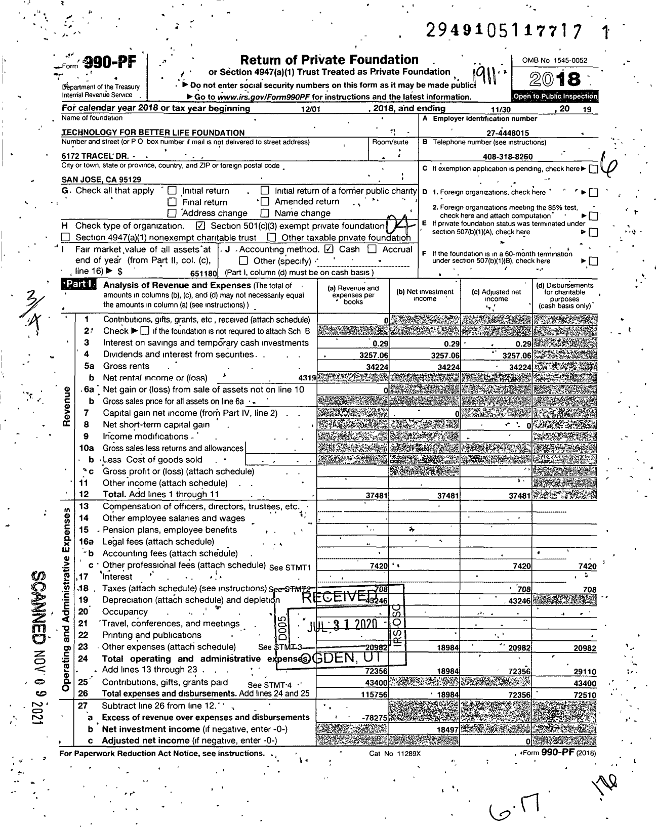 Image of first page of 2018 Form 990PF for Technology for Better Life Foundation