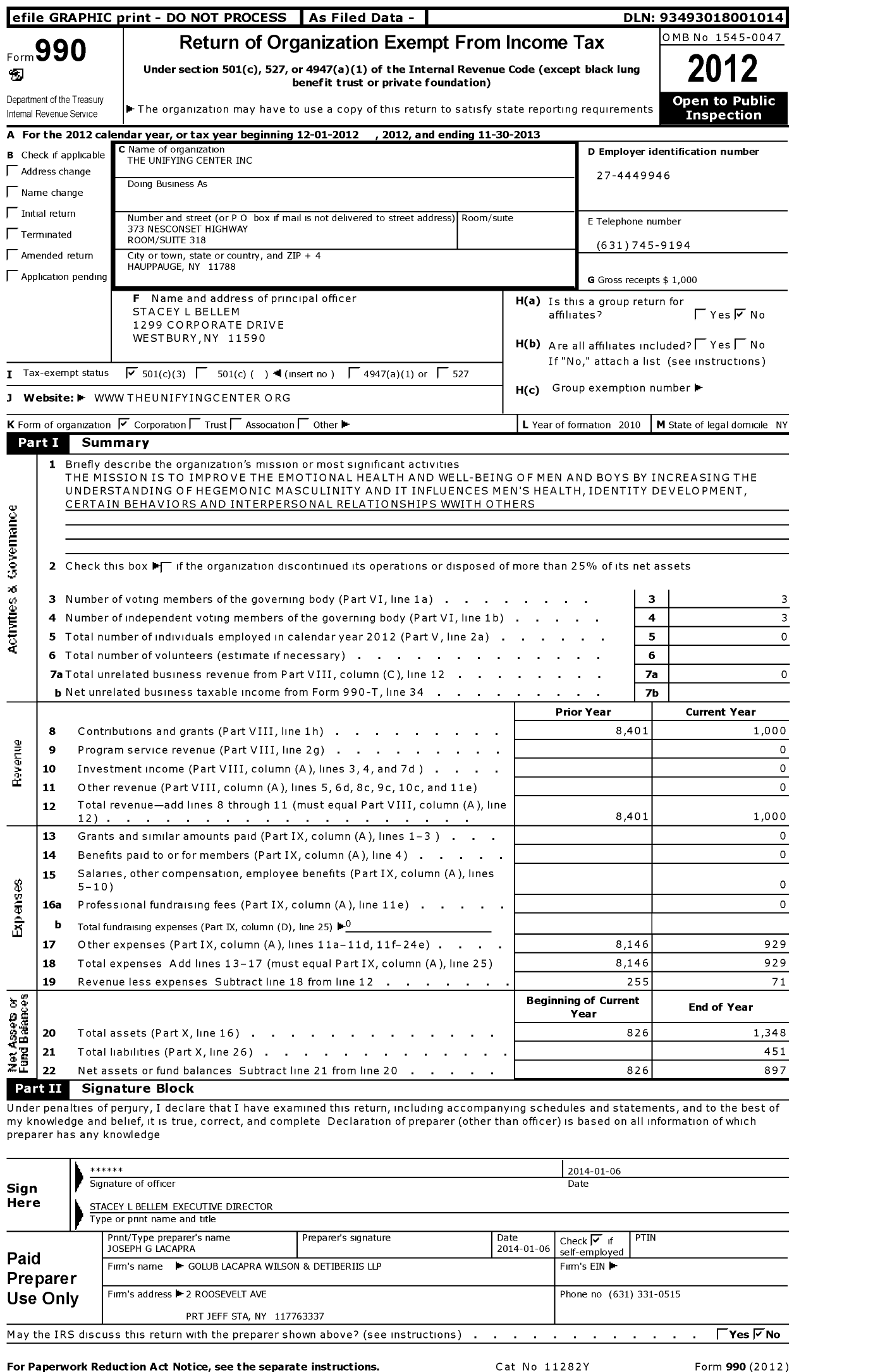 Image of first page of 2012 Form 990 for The Unifying Center