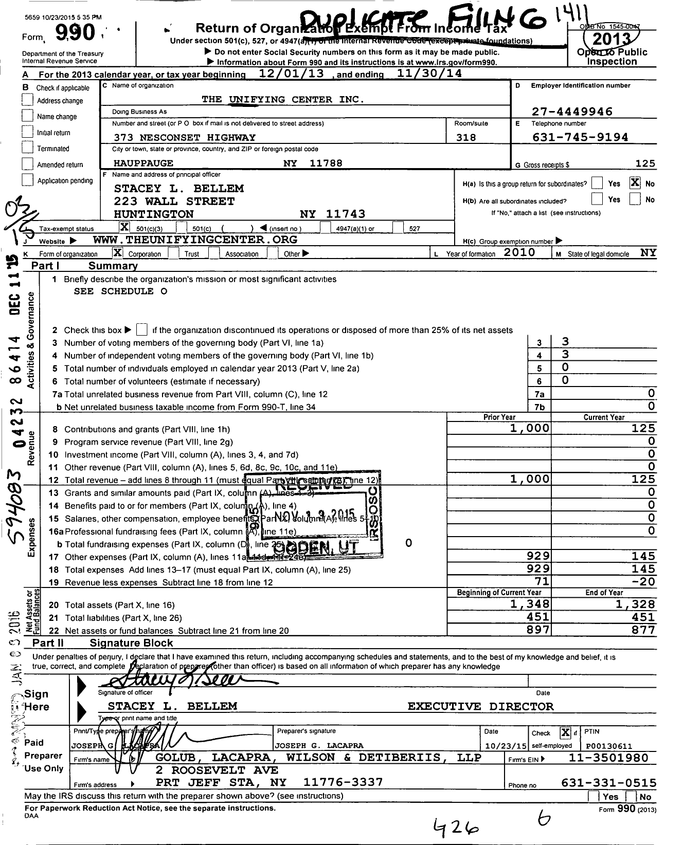 Image of first page of 2013 Form 990 for The Unifying Center