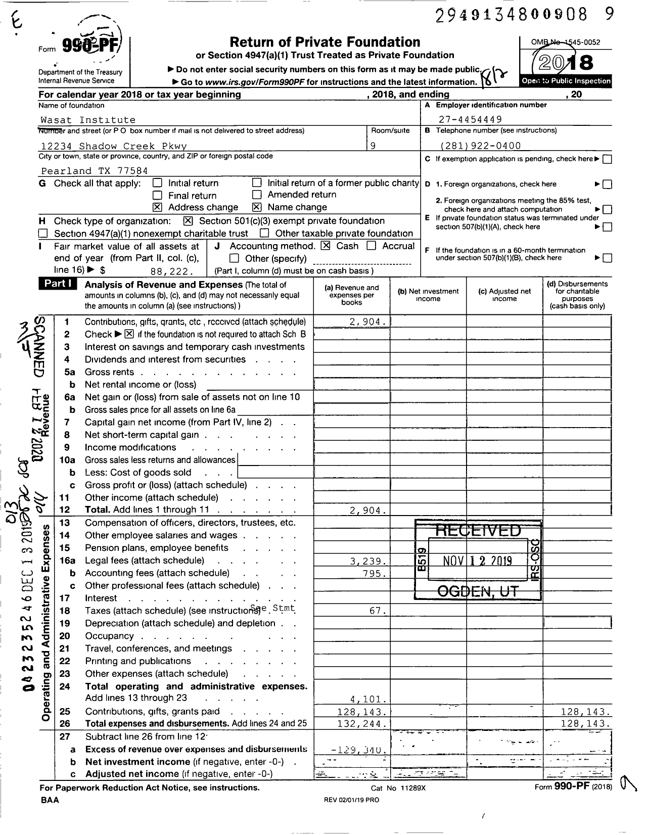 Image of first page of 2018 Form 990PF for Wasat Institute