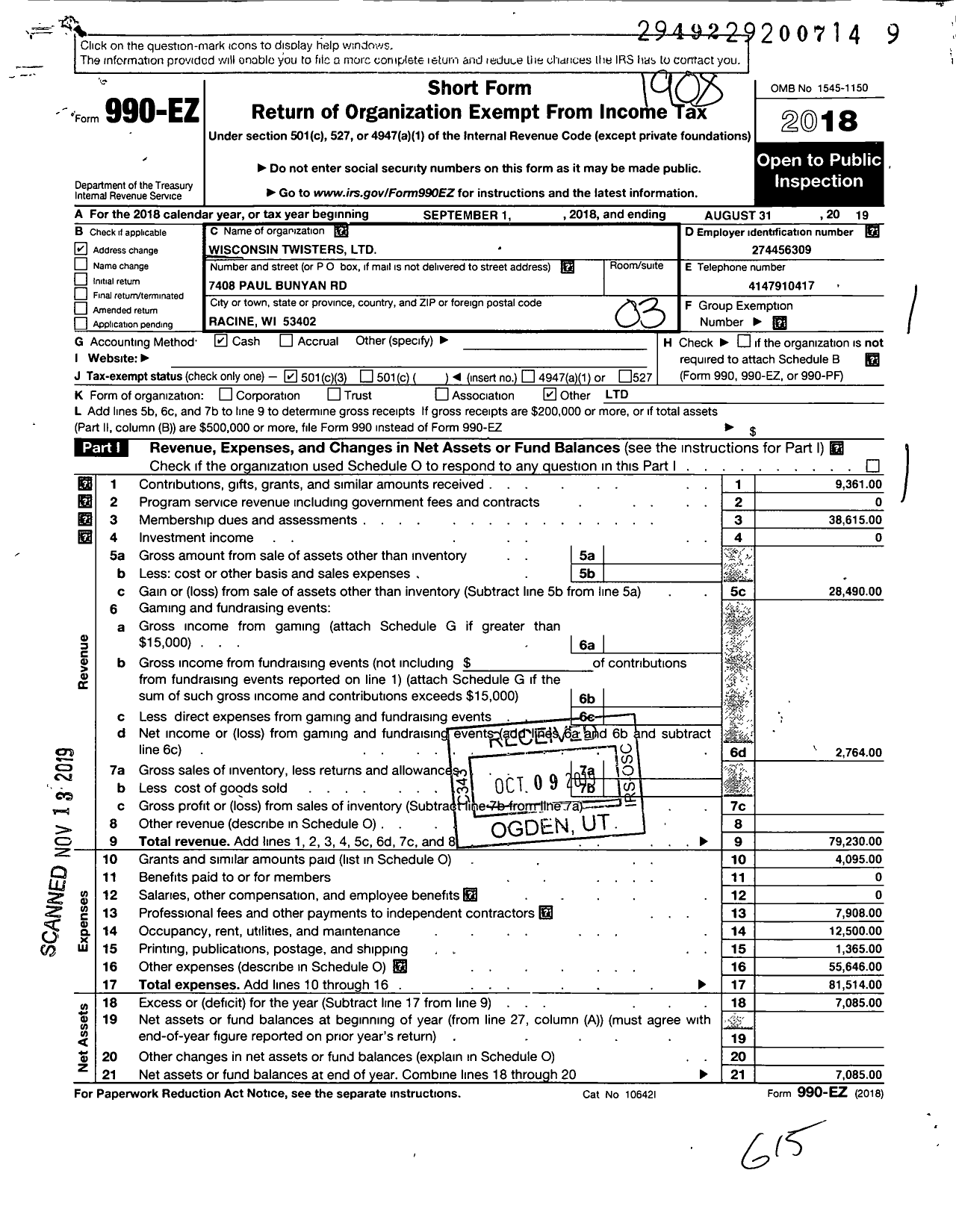 Image of first page of 2018 Form 990EZ for Wisconsin Twisters LLC