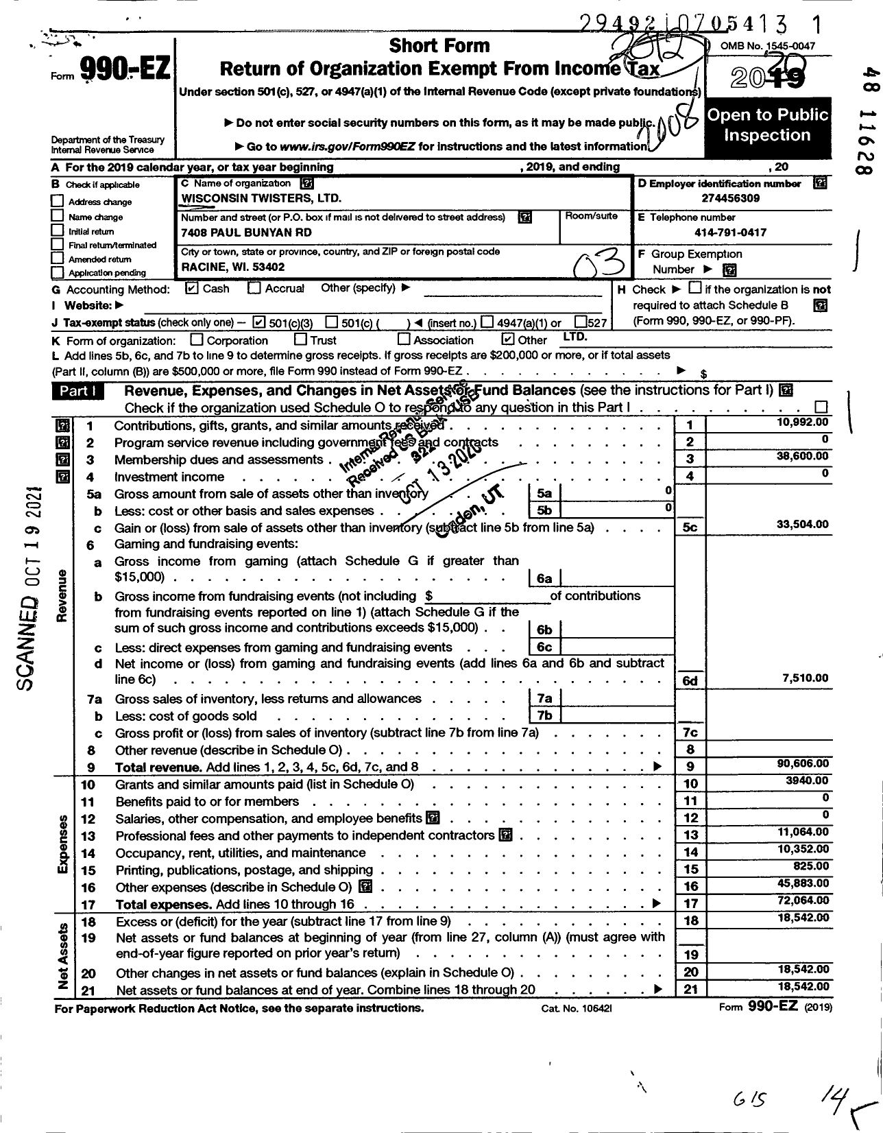 Image of first page of 2019 Form 990EZ for Wisconsin Twisters LLC