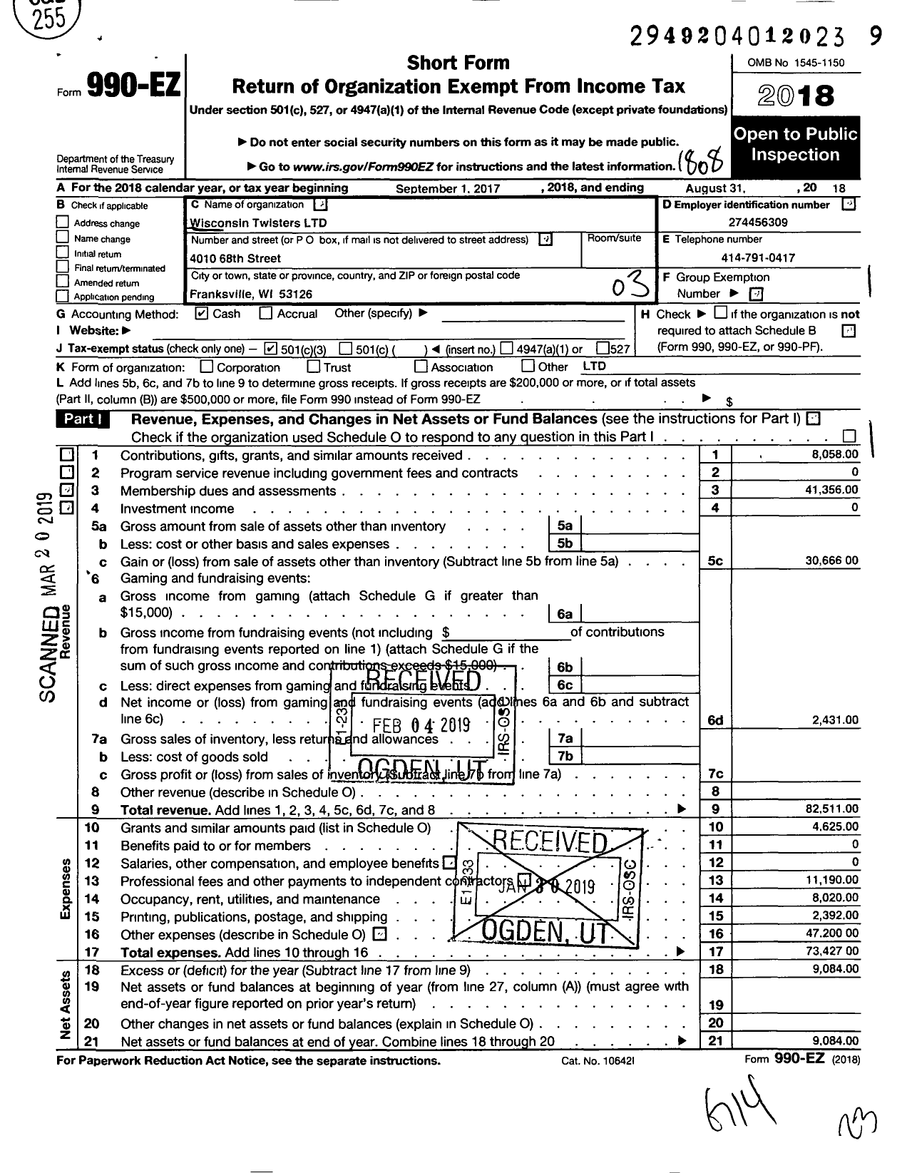 Image of first page of 2017 Form 990EZ for Wisconsin Twisters LLC