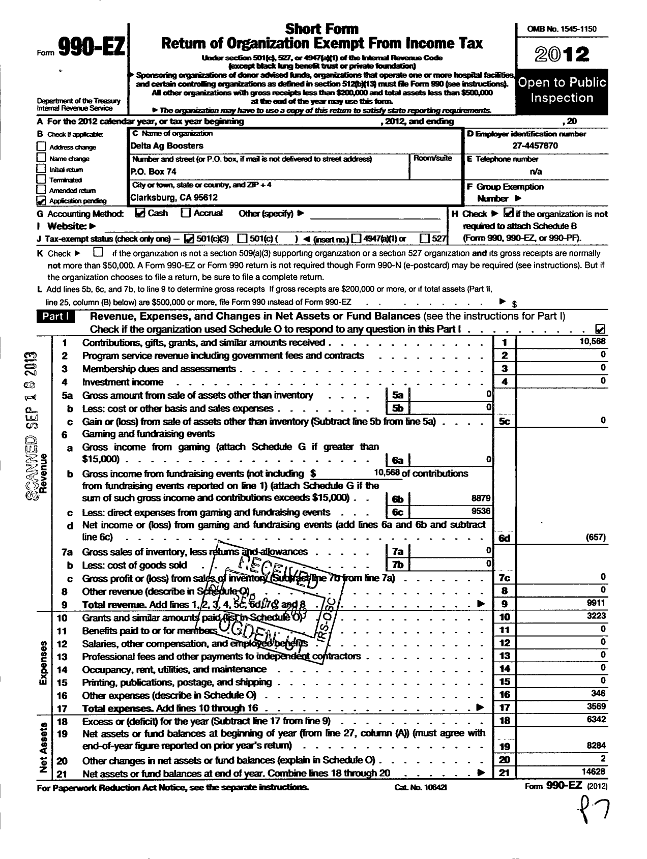 Image of first page of 2012 Form 990EZ for Delta Ag Boosters