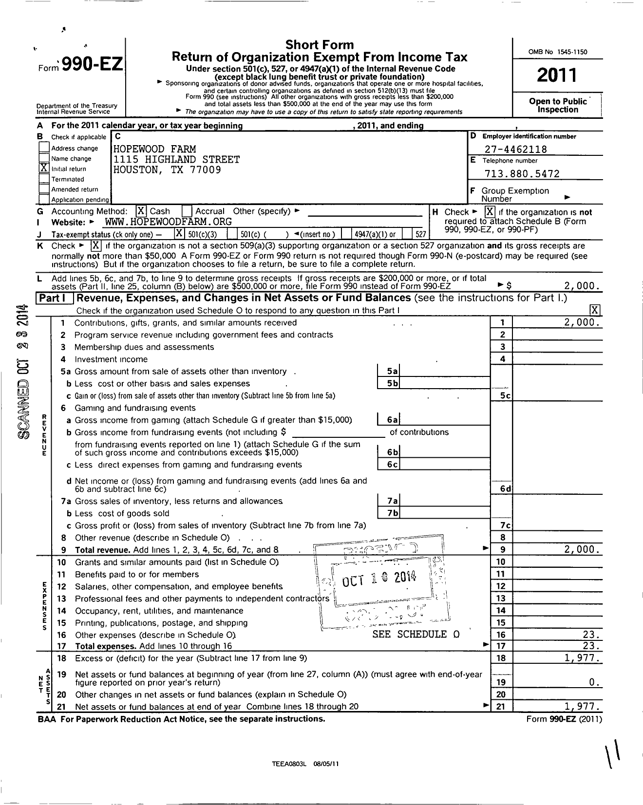 Image of first page of 2011 Form 990EZ for Hopewood Farm