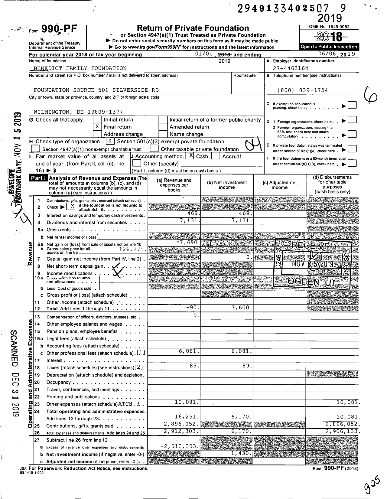 Image of first page of 2018 Form 990PF for Benedict Family Foundation