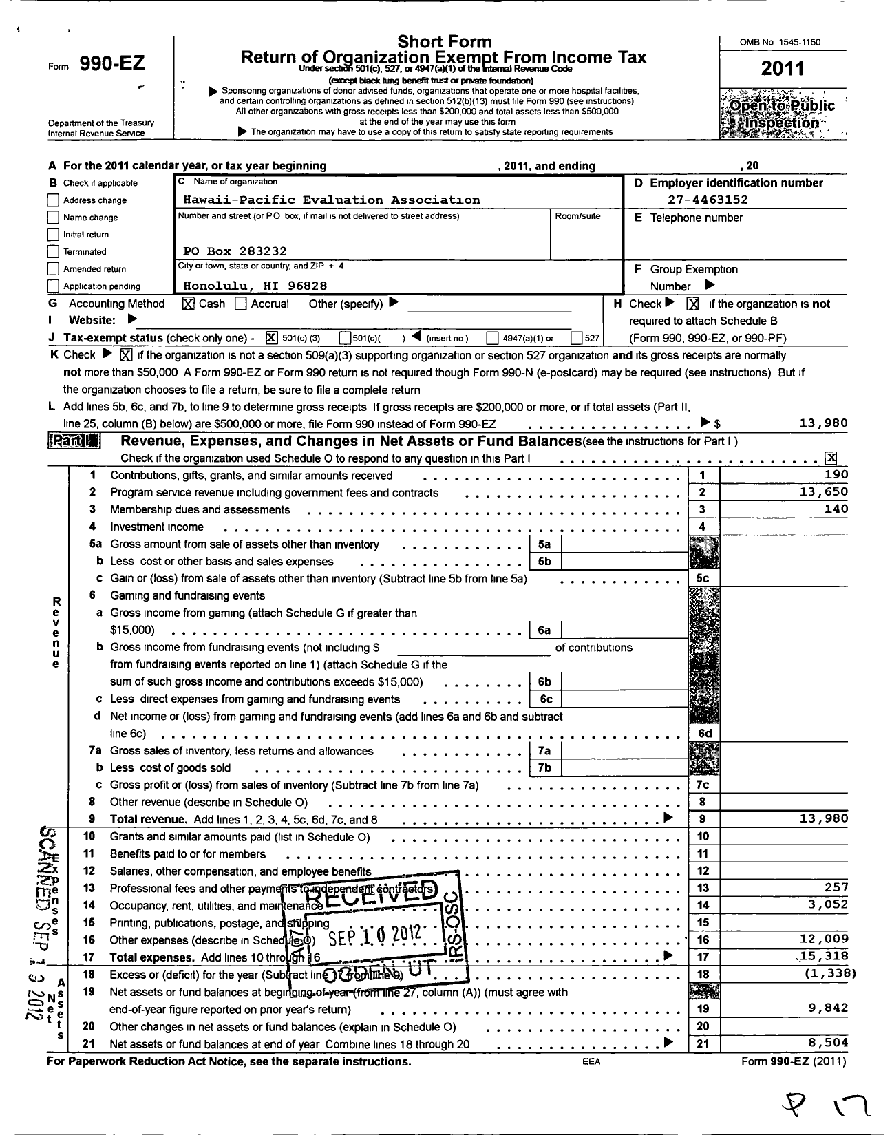 Image of first page of 2011 Form 990EZ for Hawaii-Pacific Evaluation Association