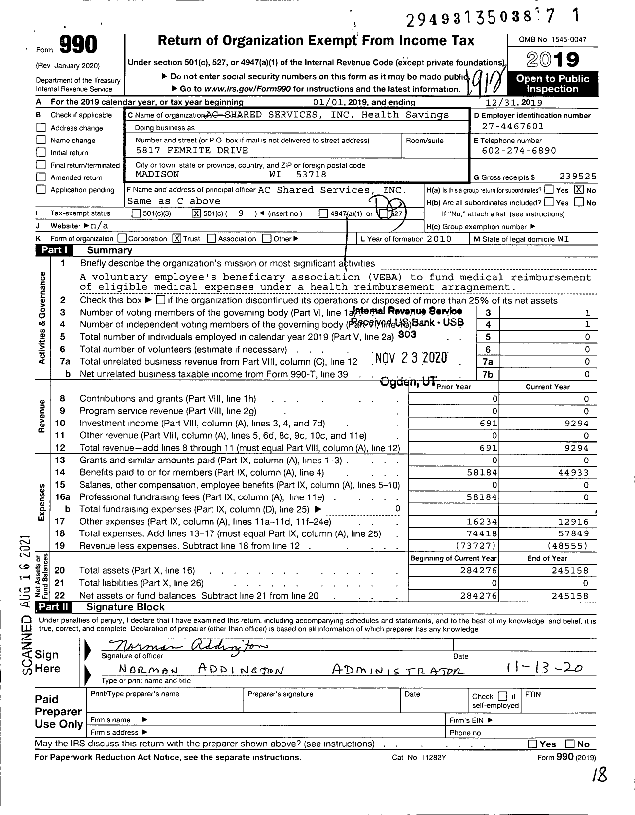 Image of first page of 2019 Form 990O for AC SHARED SERVICES Veba Health Savings Trust