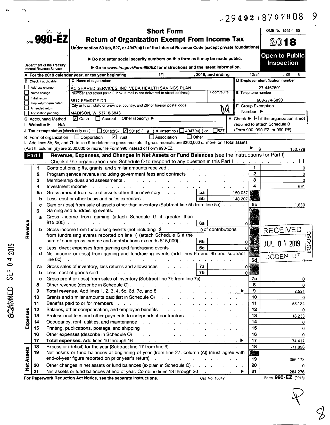 Image of first page of 2018 Form 990EO for AC SHARED SERVICES Veba Health Savings Trust