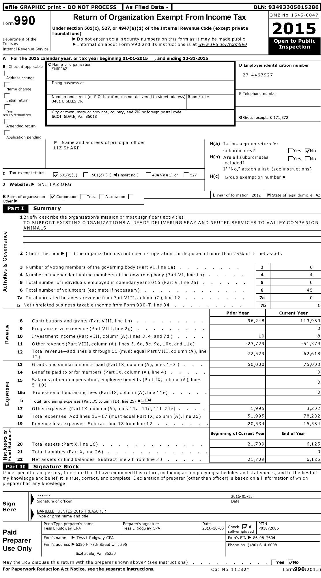 Image of first page of 2015 Form 990 for SniffAZ