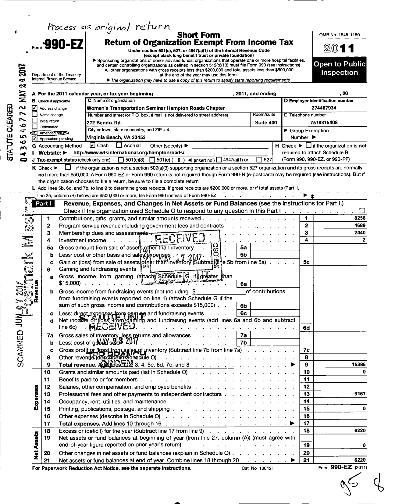 Image of first page of 2011 Form 990EO for Womens Transportation Seminar Hampton Roads Chapter (WTS-HRC)