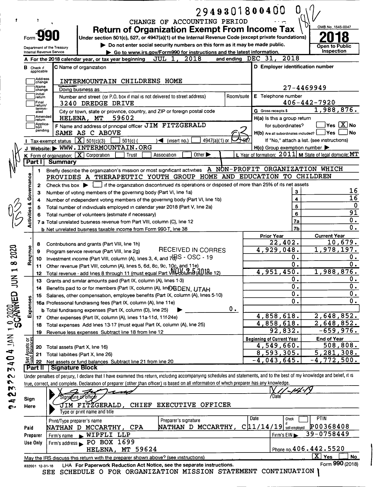 Image of first page of 2018 Form 990 for Intermountain Childrens Home