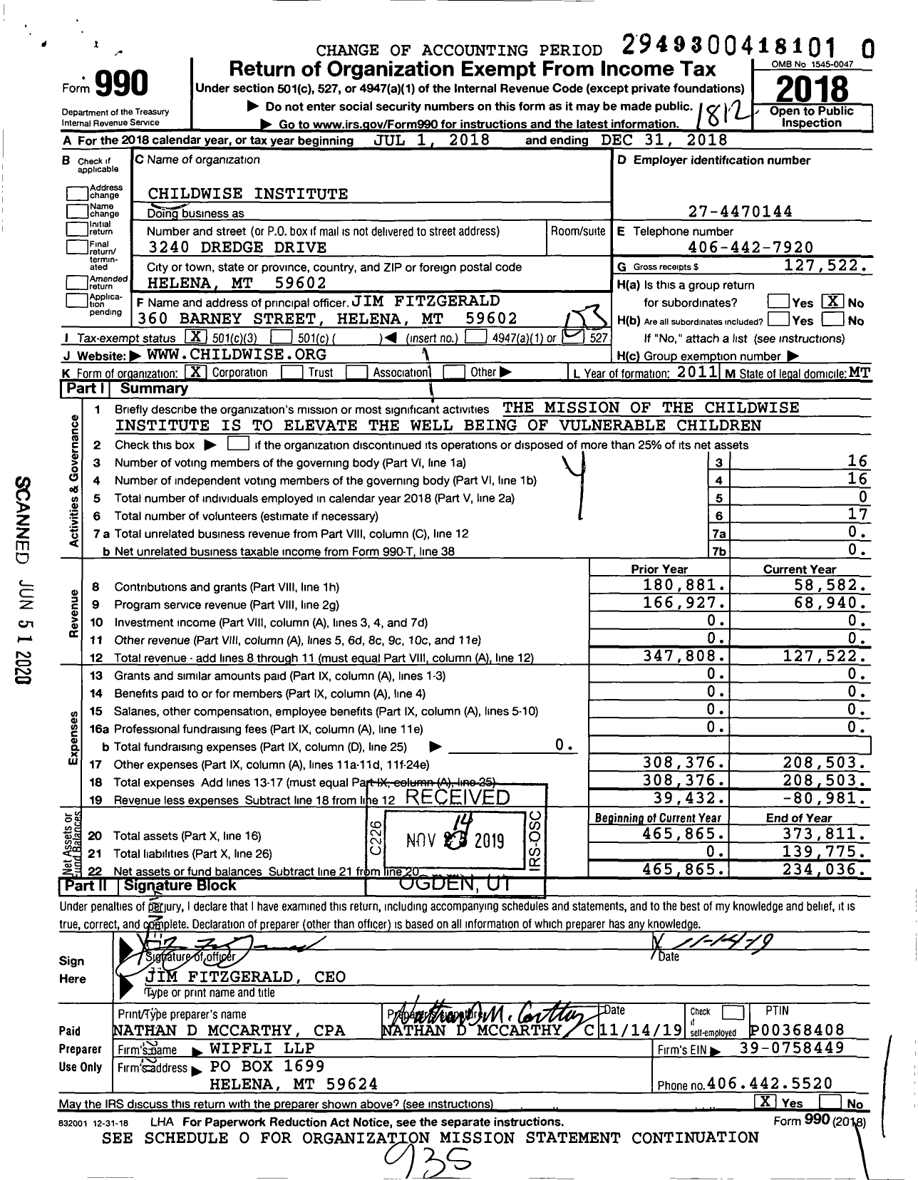 Image of first page of 2018 Form 990 for Childwise Institute