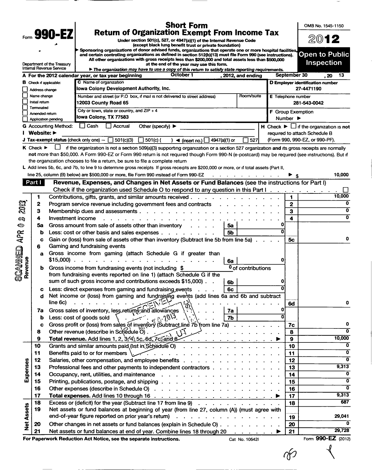 Image of first page of 2012 Form 990EO for Iowa Colony Development Authority