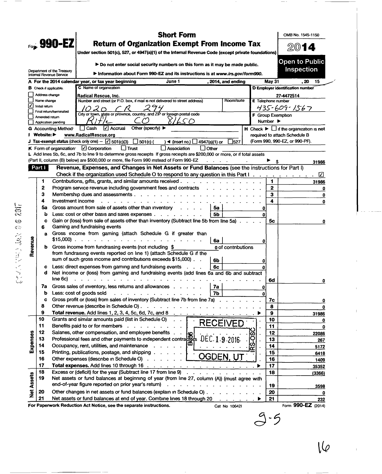 Image of first page of 2014 Form 990EZ for Radical Rescue