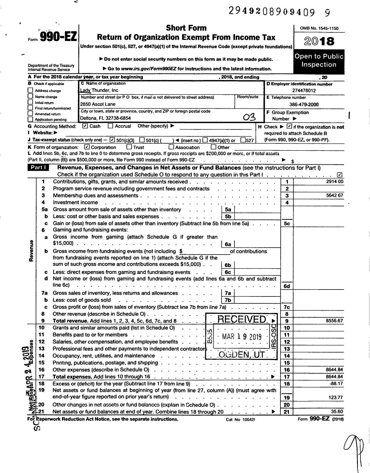 Image of first page of 2018 Form 990EZ for Lady Thunder