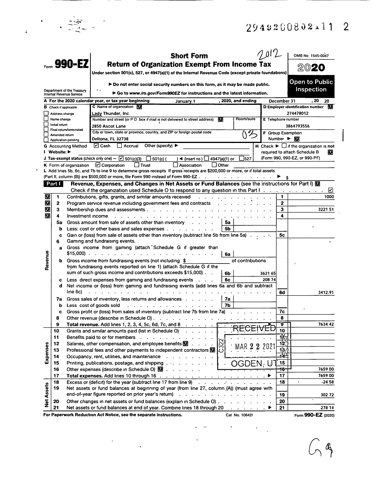 Image of first page of 2020 Form 990EZ for Lady Thunder