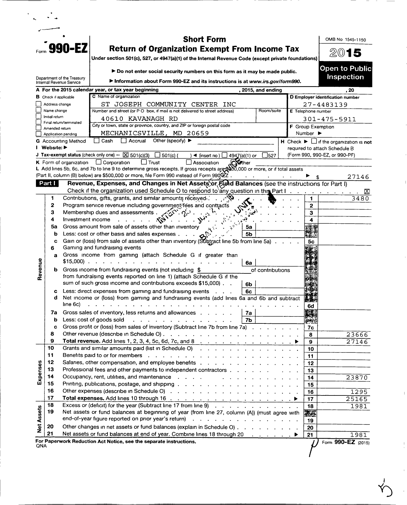Image of first page of 2015 Form 990EZ for St Josephs Community Center