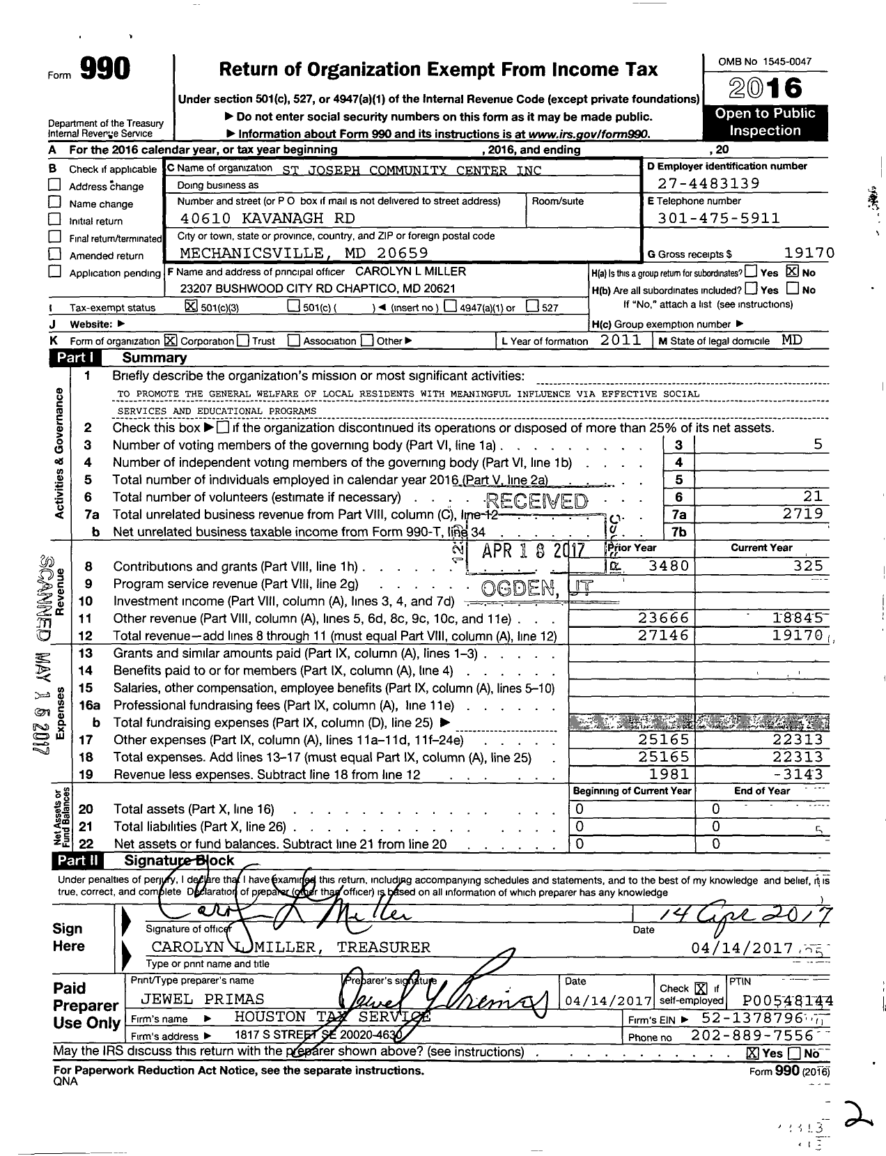 Image of first page of 2016 Form 990 for St Josephs Community Center