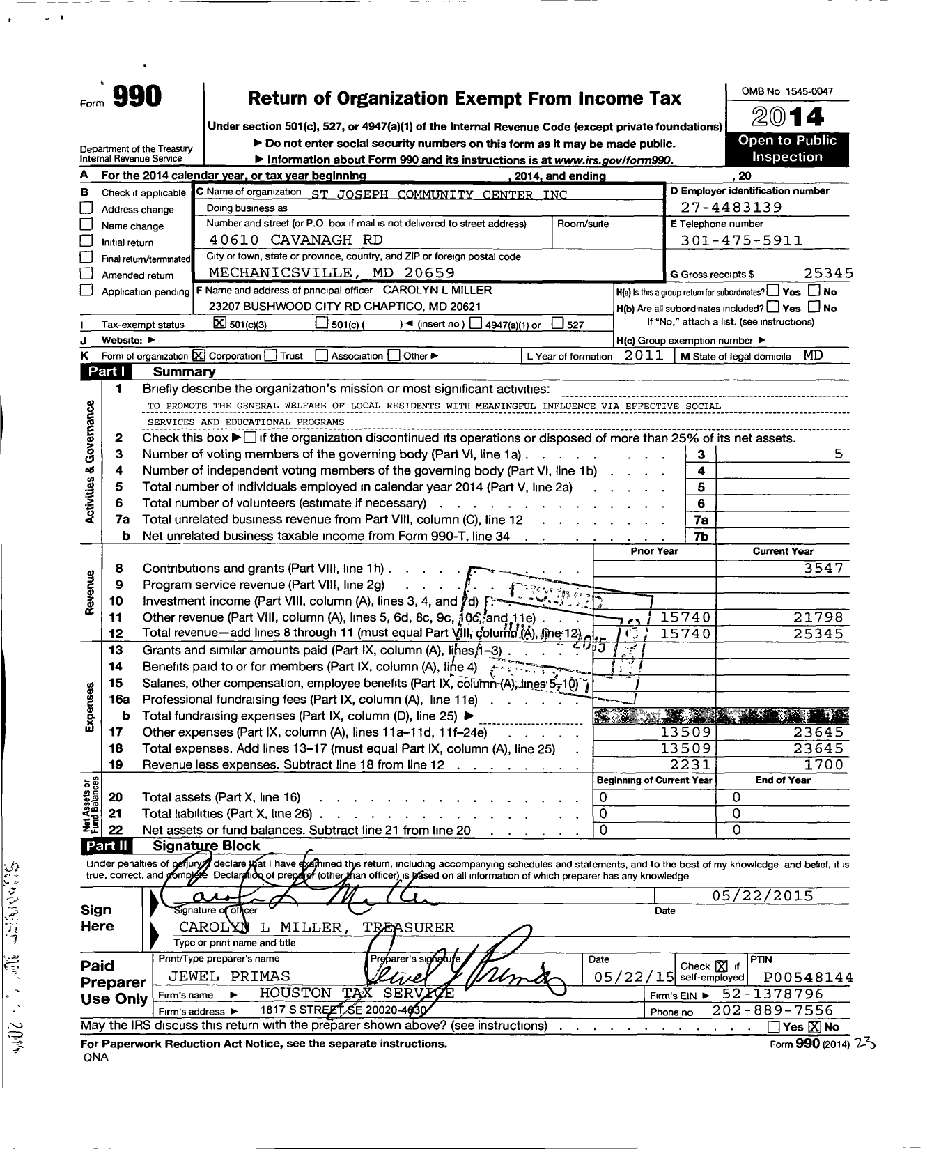 Image of first page of 2014 Form 990 for St Josephs Community Center
