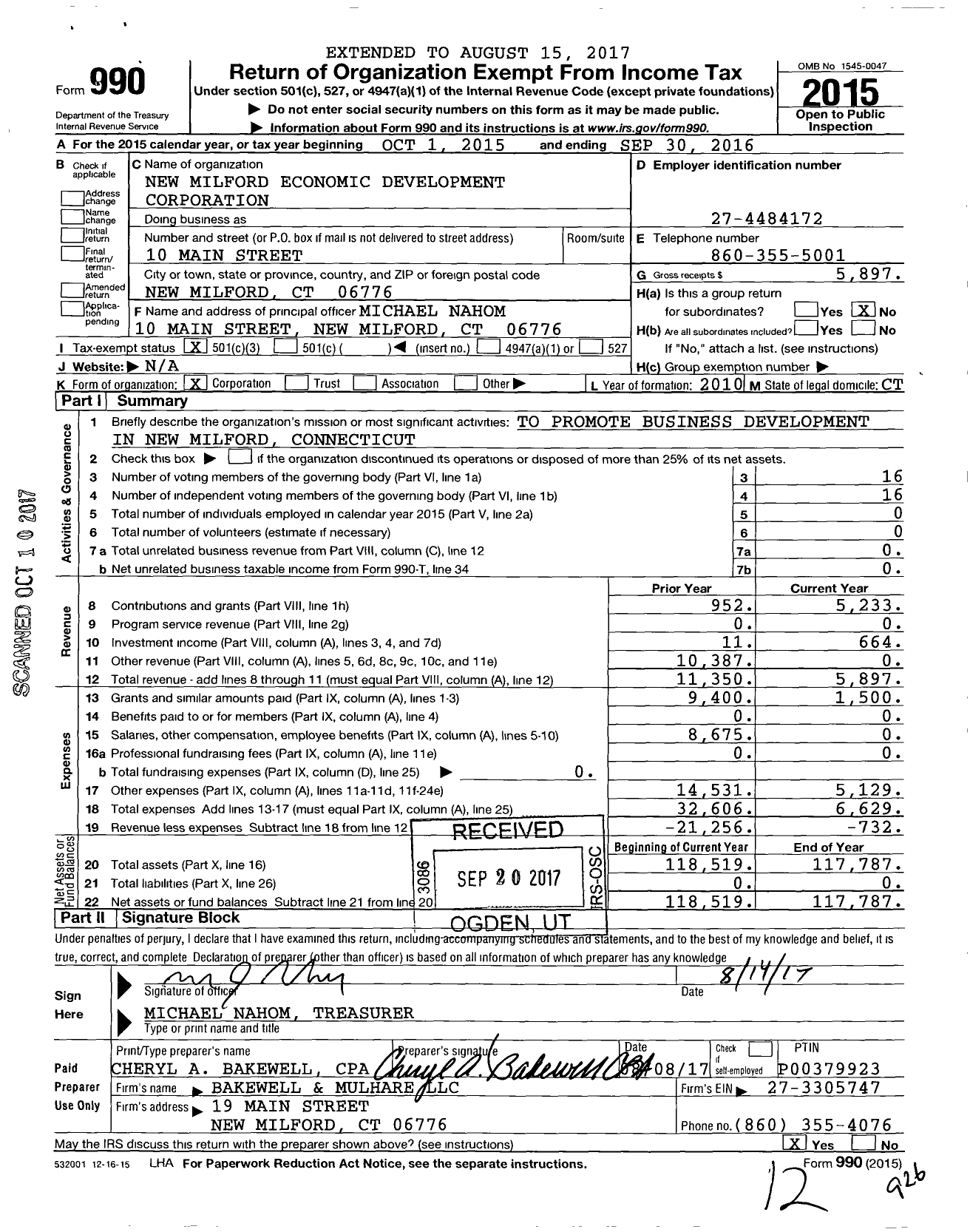 Image of first page of 2015 Form 990 for New Milford Economic Development Corporation