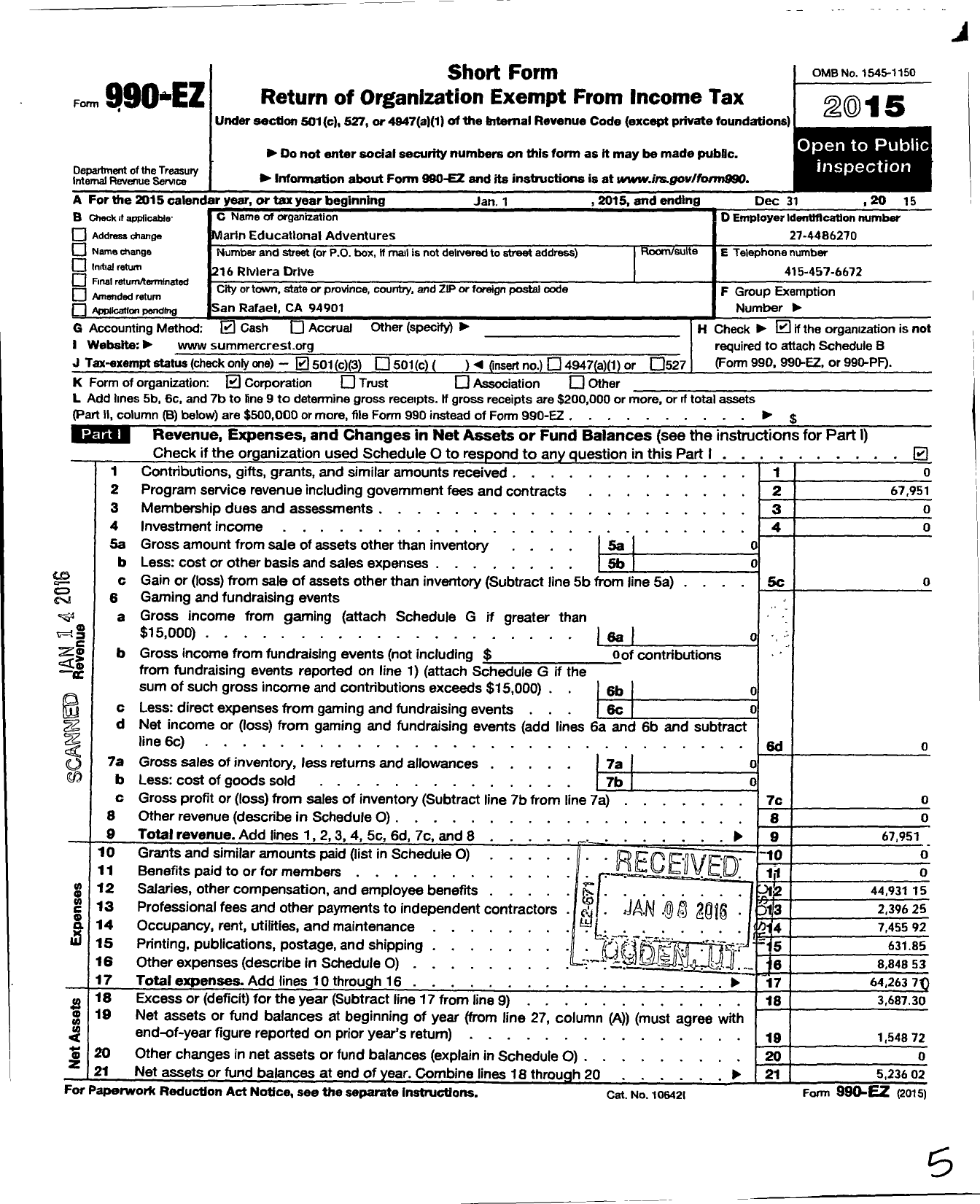 Image of first page of 2015 Form 990EZ for Marin Educational Adventures