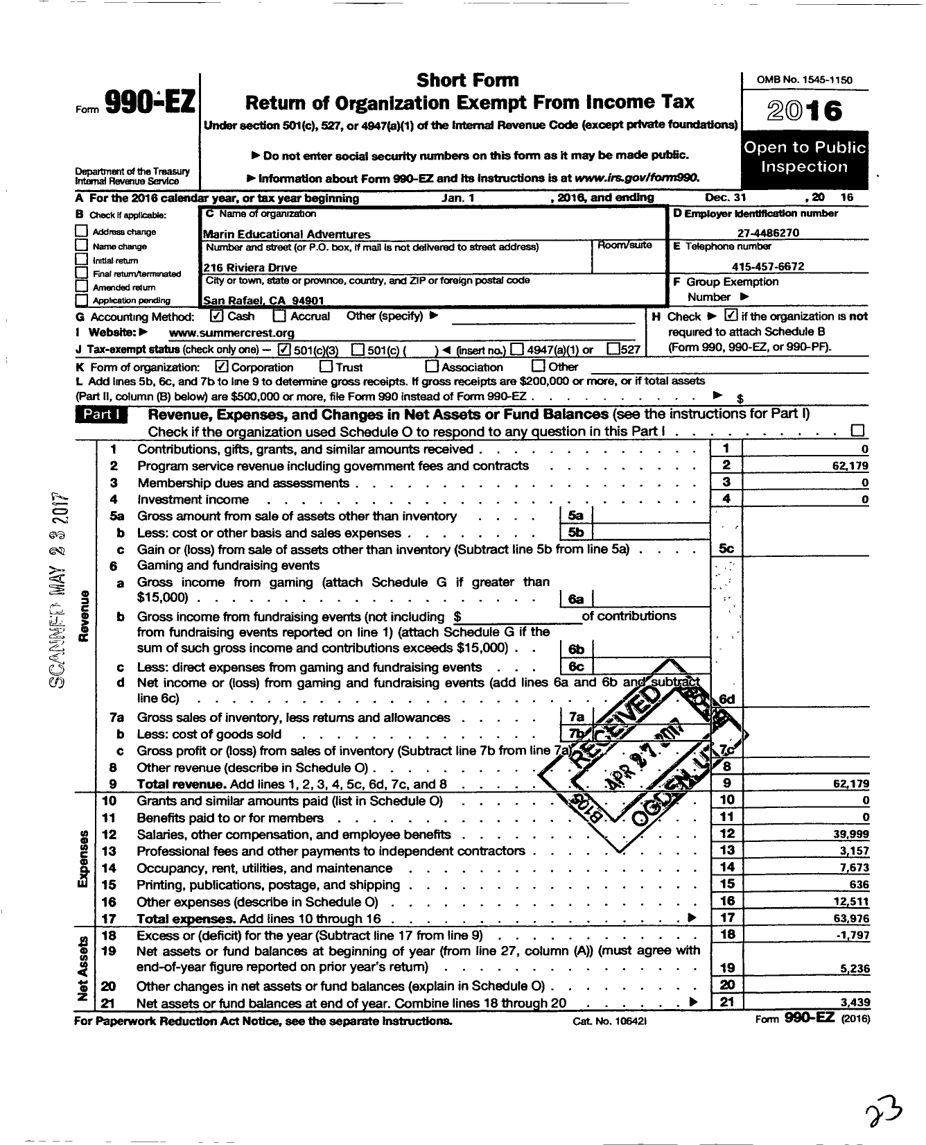 Image of first page of 2016 Form 990EZ for Marin Educational Adventures