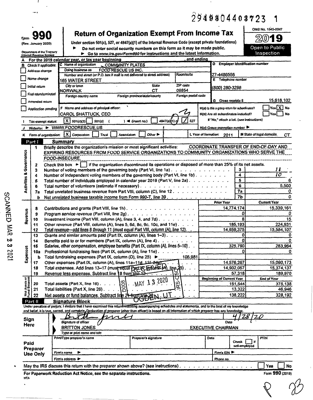 Image of first page of 2019 Form 990 for Food Rescue US