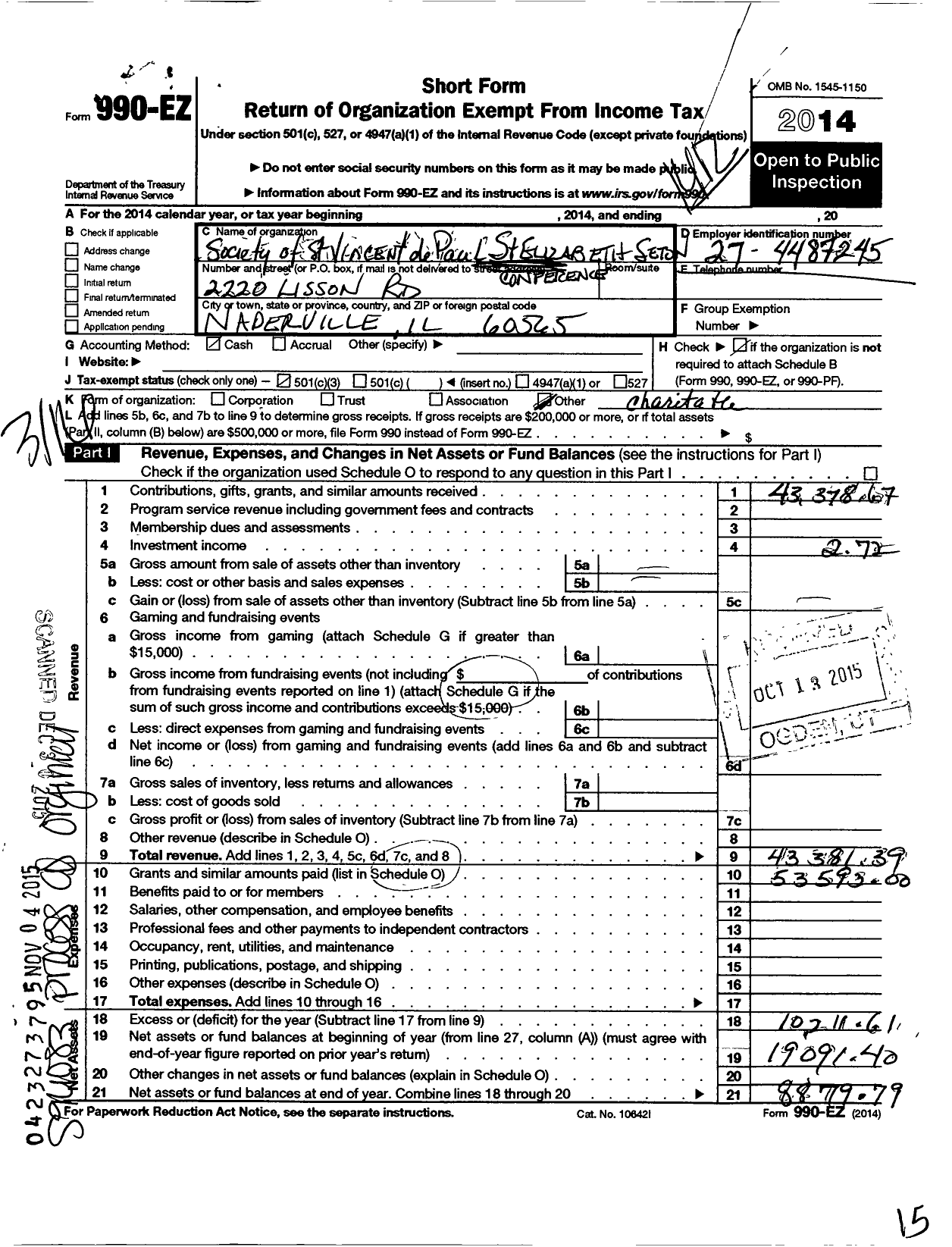 Image of first page of 2014 Form 990EO for Society of ST. Vincent de Paul - St Elizabeth Seton Conference