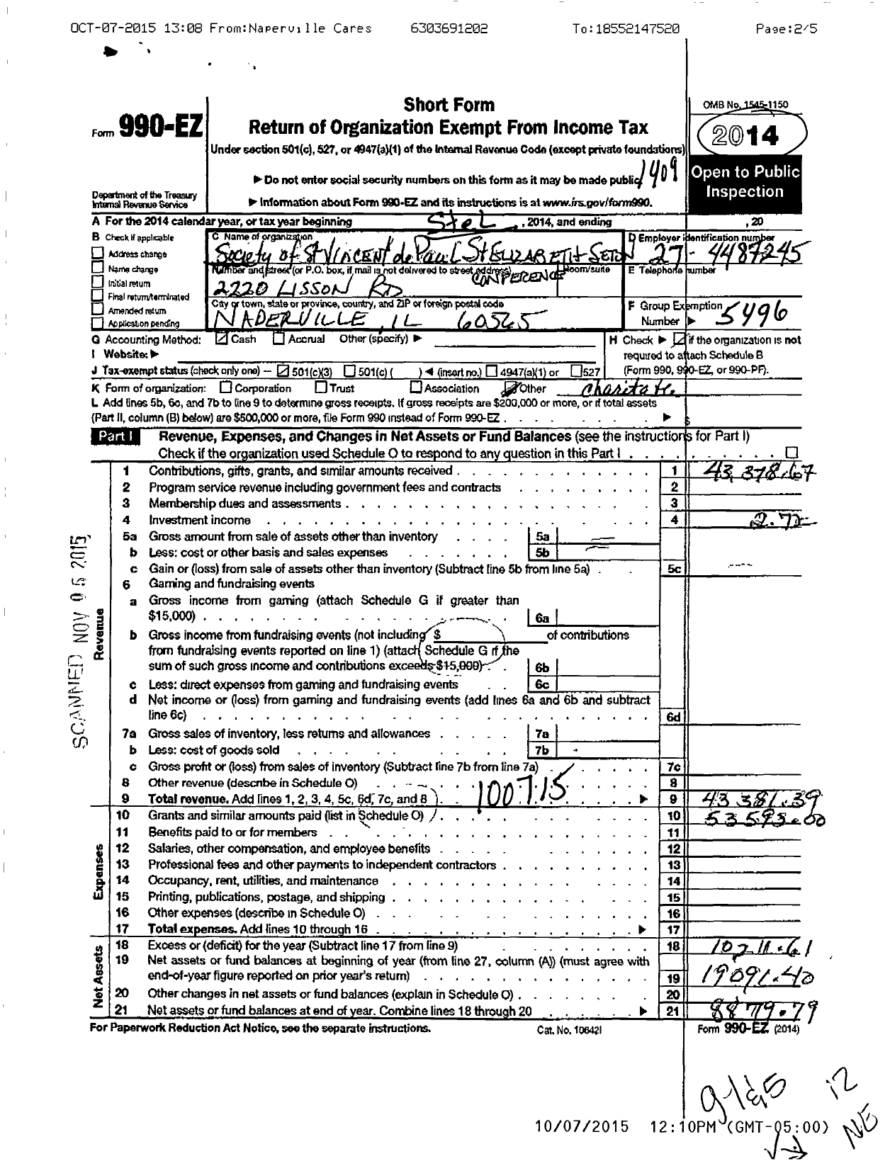 Image of first page of 2013 Form 990EZ for Society of ST. Vincent de Paul - St Elizabeth Seton Conference