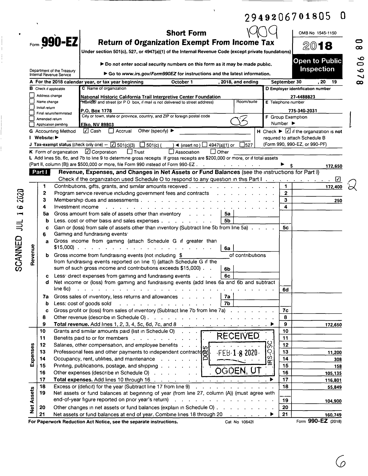 Image of first page of 2018 Form 990EZ for National Historic California Trail Interpretive Center Foundation