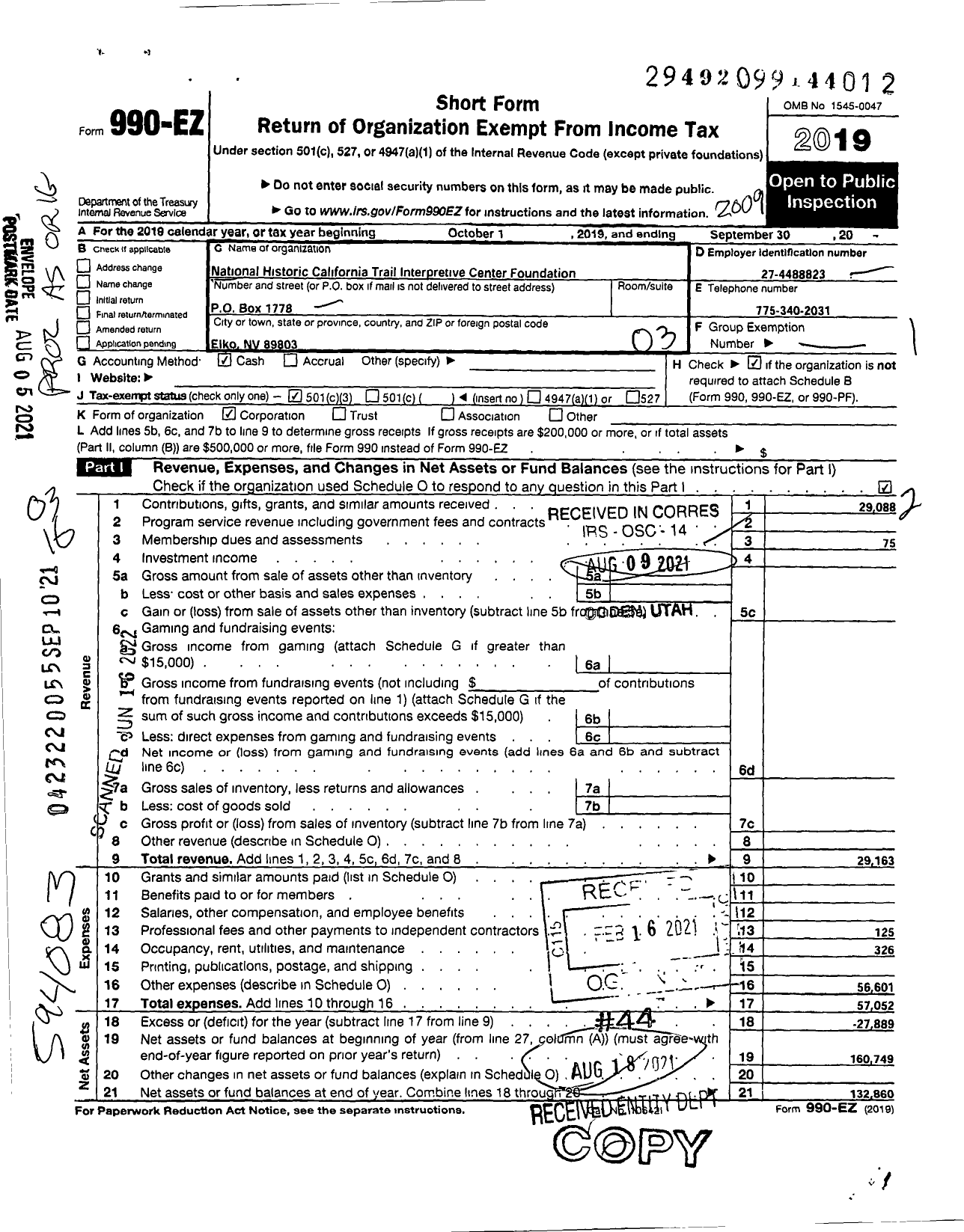 Image of first page of 2019 Form 990EZ for National Historic California Trail Interpretive Center Foundation