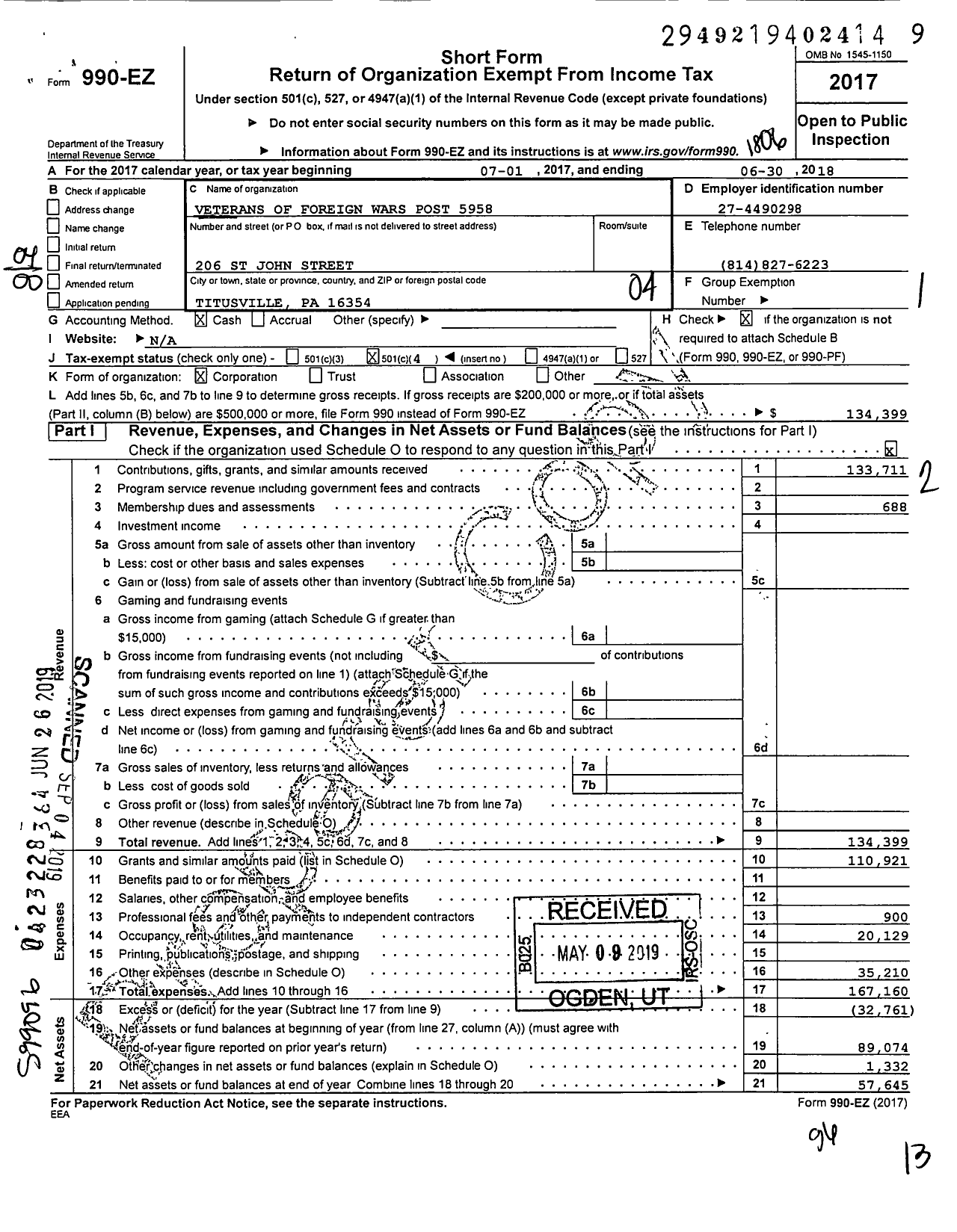 Image of first page of 2017 Form 990EO for VFW Department of Pennsylvania - 5958 Bruce Shorts Post