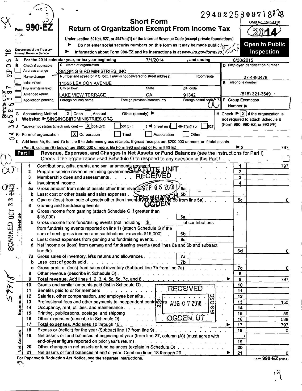 Image of first page of 2014 Form 990EO for Singing Bird Ministries