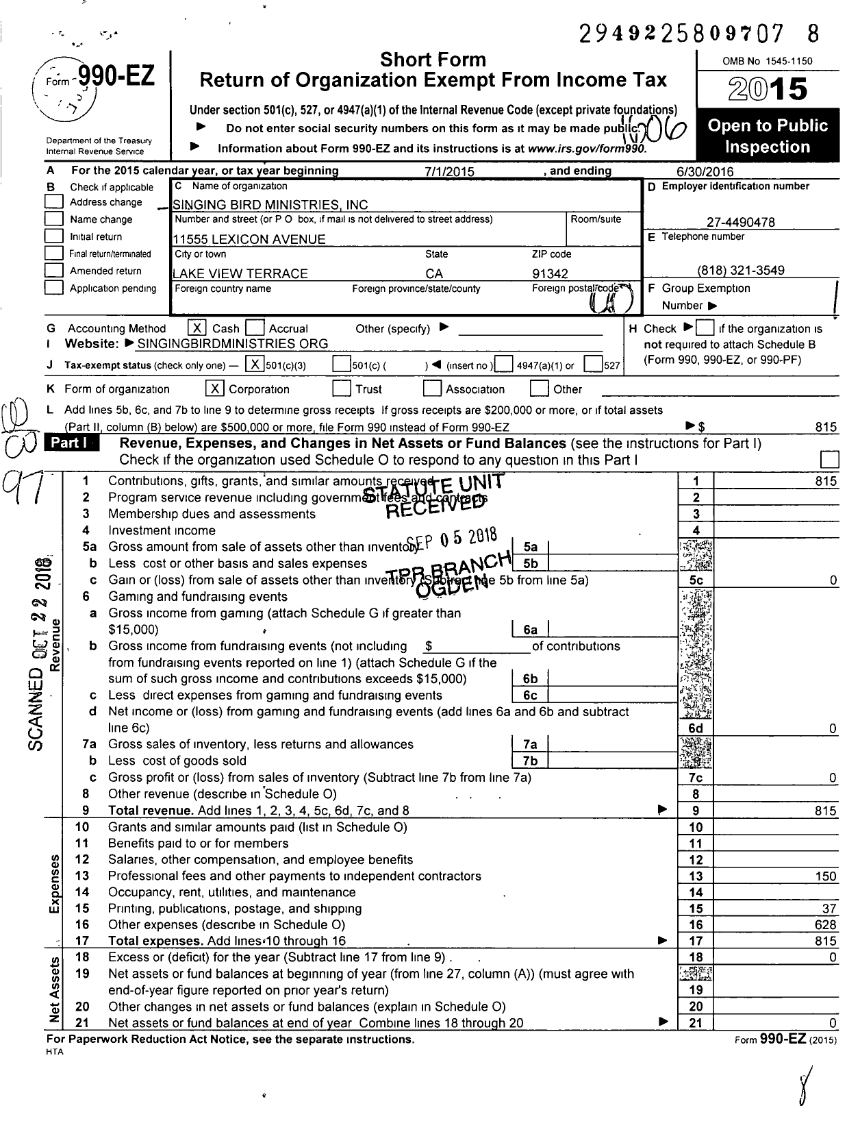 Image of first page of 2015 Form 990EO for Singing Bird Ministries