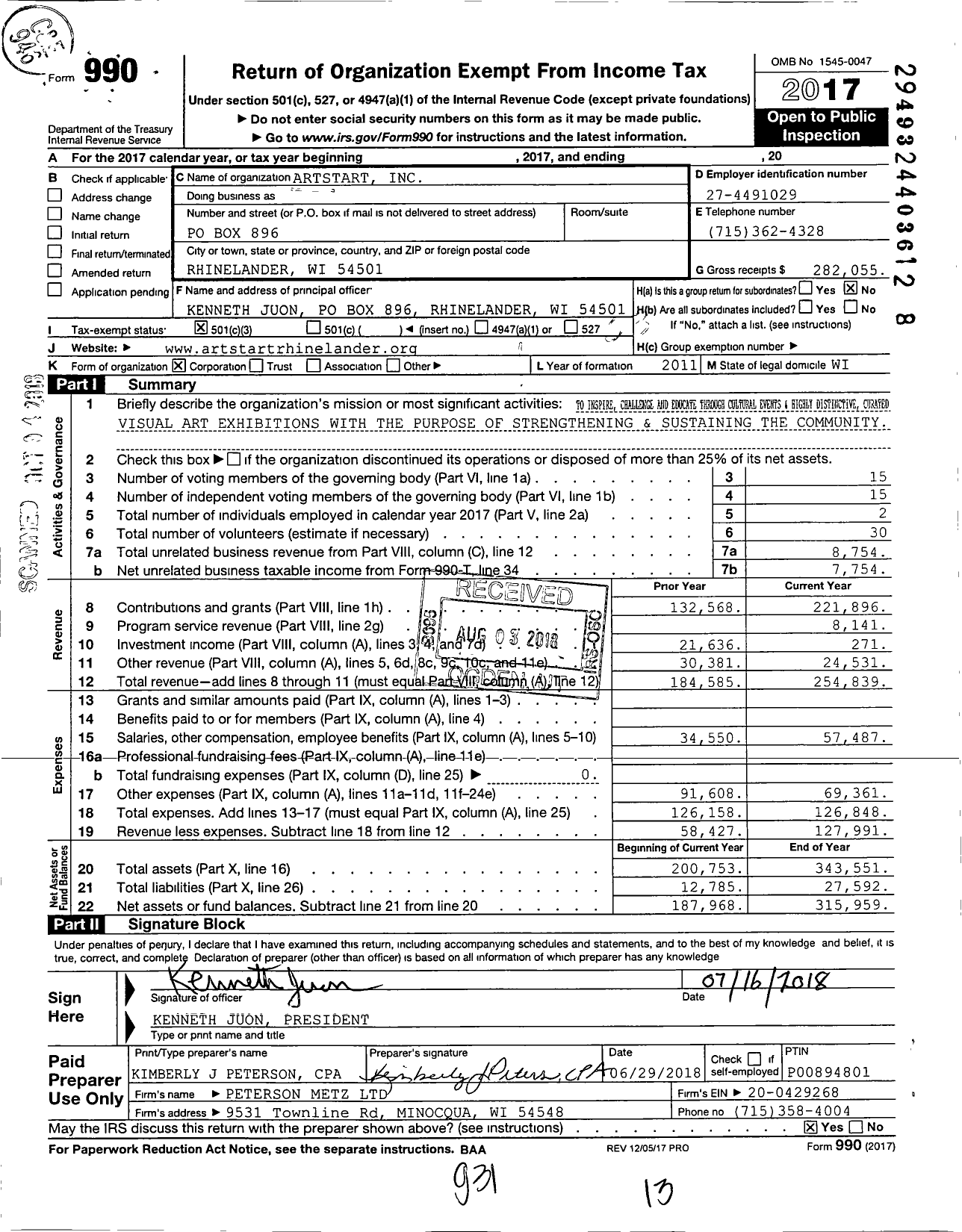 Image of first page of 2017 Form 990 for ArtStart