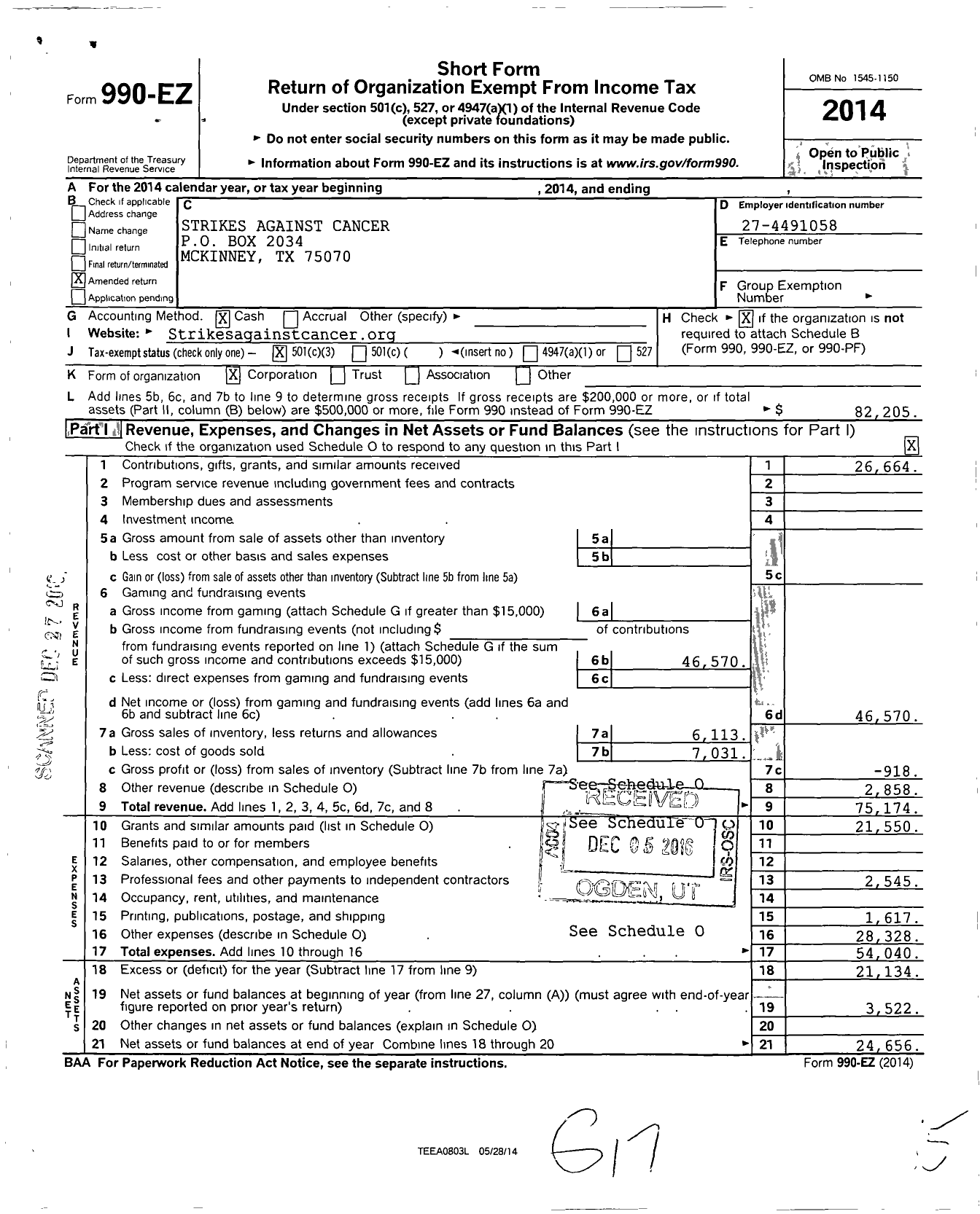Image of first page of 2014 Form 990EZ for Strikes Against Cancer