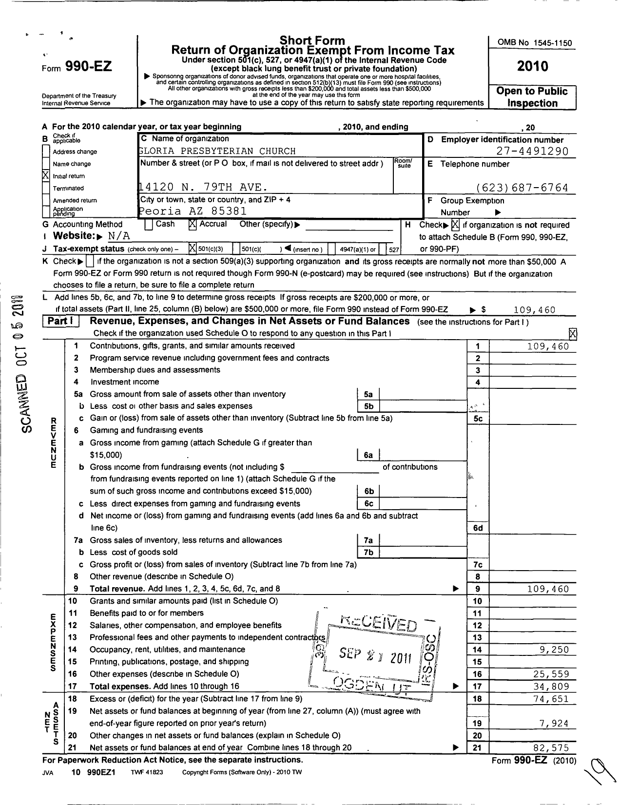 Image of first page of 2010 Form 990EZ for Gloria Presbyterian Church