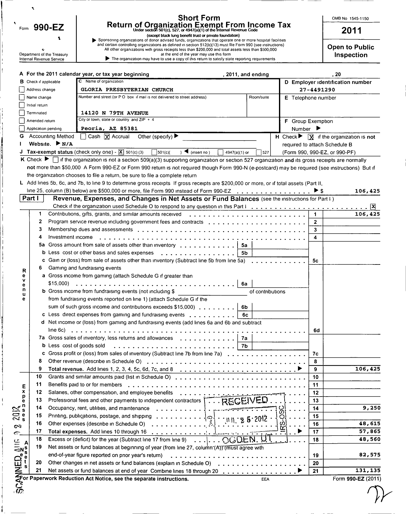 Image of first page of 2011 Form 990EZ for Gloria Presbyterian Church