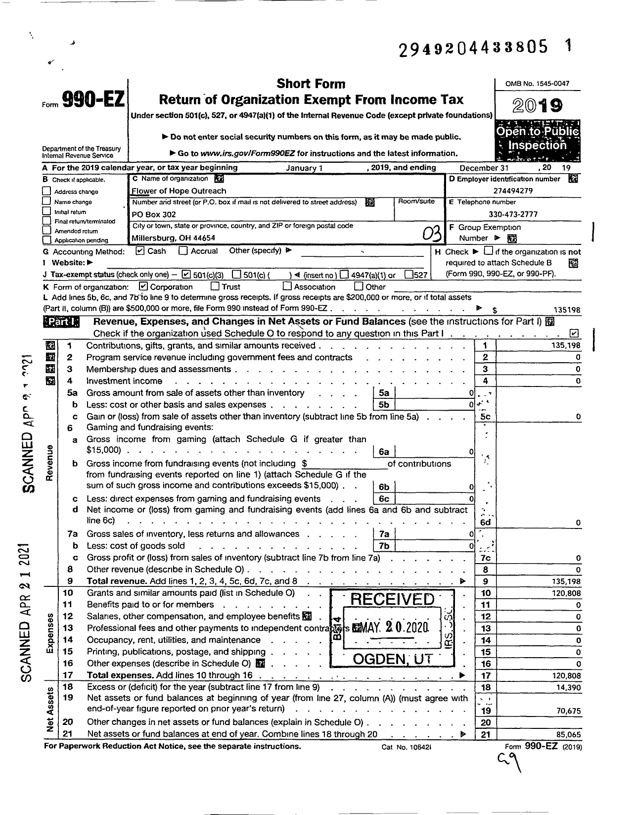 Image of first page of 2019 Form 990EZ for Flower of Hope Outreach