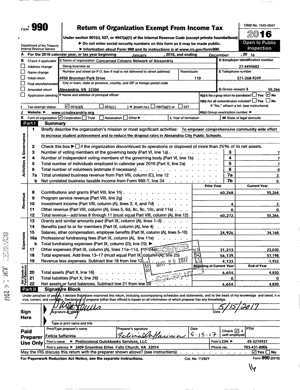 Image of first page of 2016 Form 990 for Concerned Citizens Network of Alexandria (CCNA)